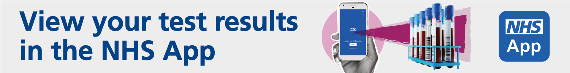 NHS App banner. Text: View your test results in the NHS App